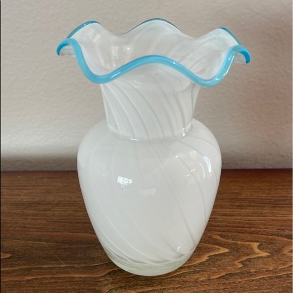 White Glass Vase  Swirl with Blue Ruffle Rim - Picture 5 of 12